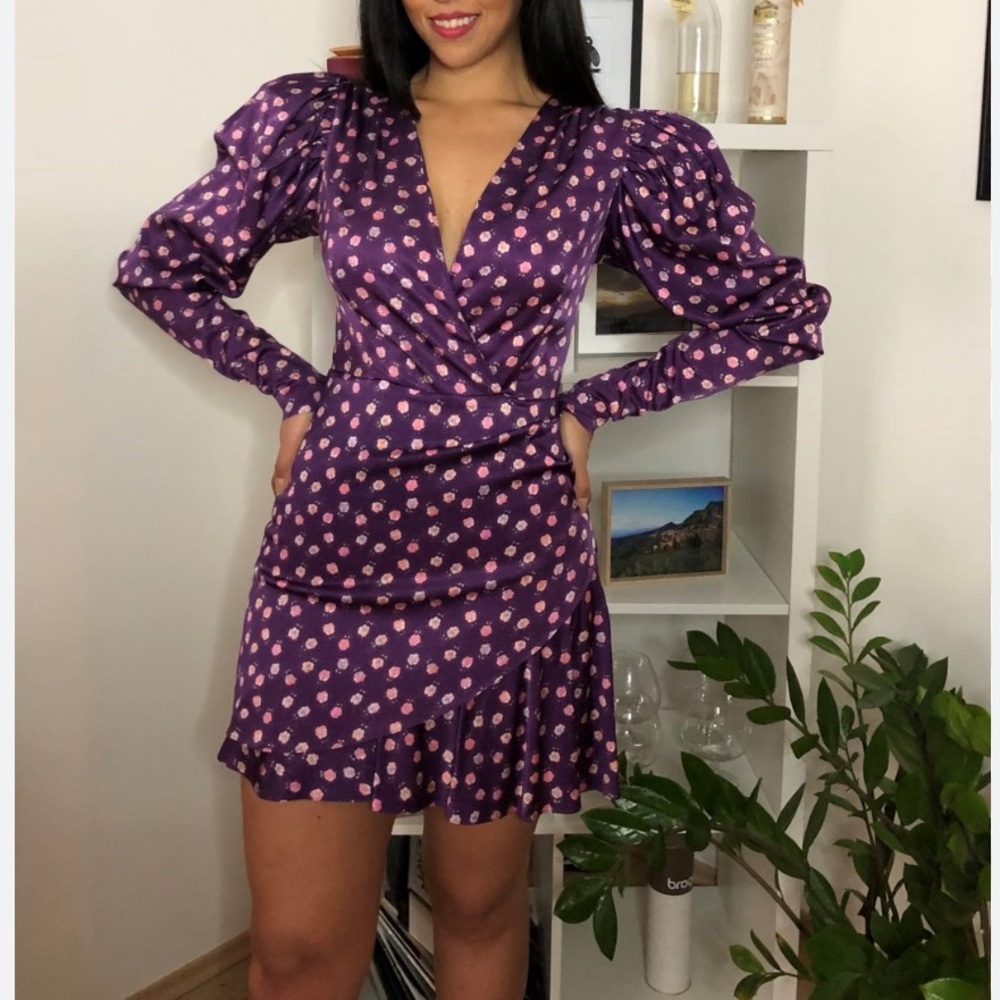 Purple Floral Wrap Long Sleeve Mini Dress with Puff Shoulders